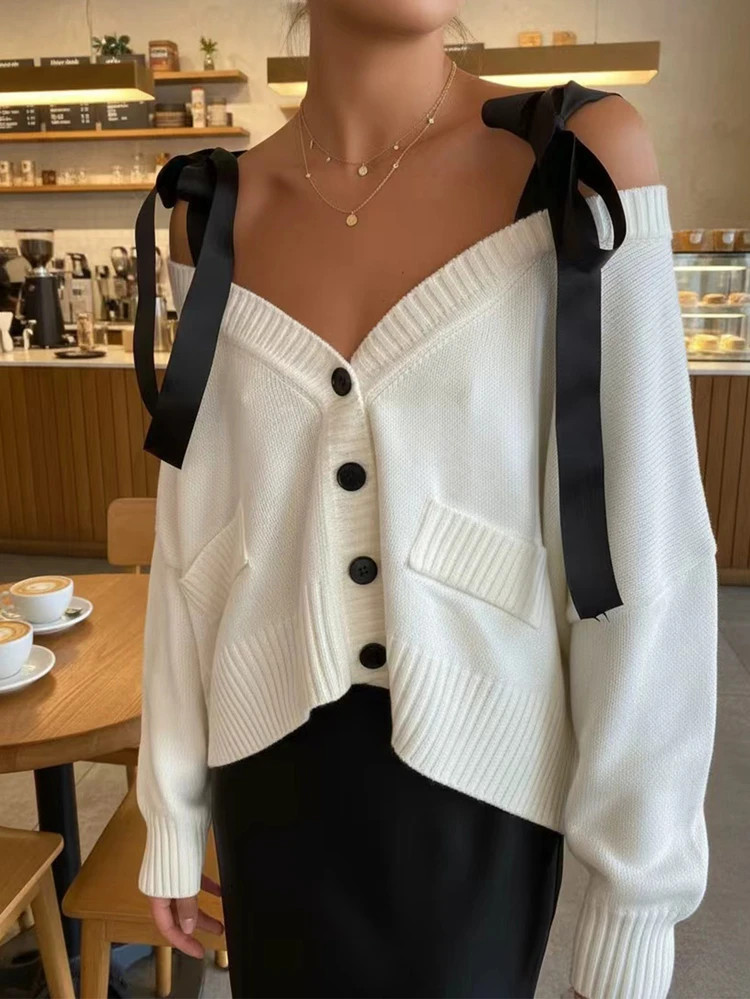 Joy Knit Shoulder Tie Bow Sweater | SHEIN