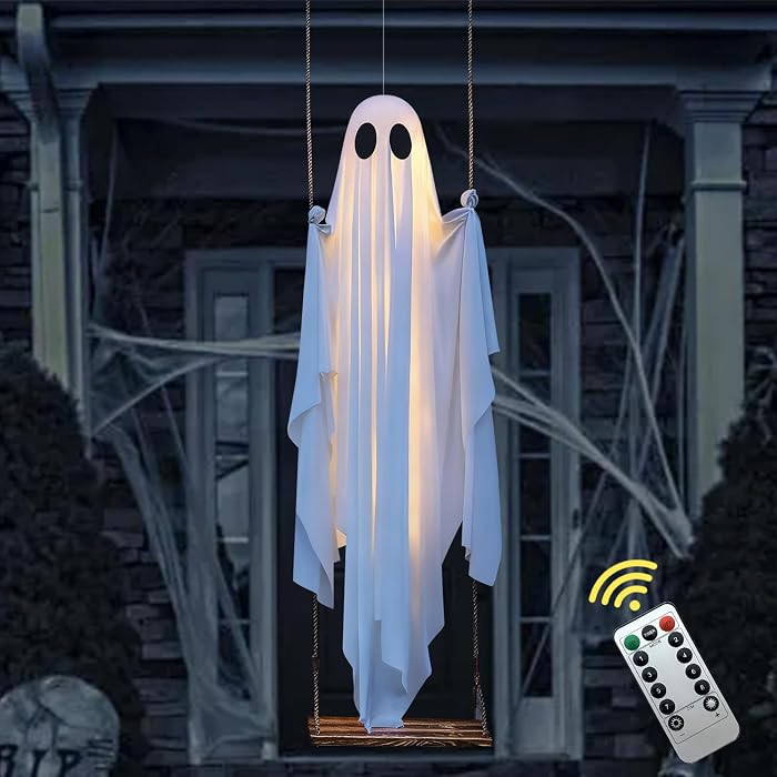 Halloween Swing Ghost Decorations with Lights and Remote Control, Large Hanging Light Up Ghost on... | Amazon (US)