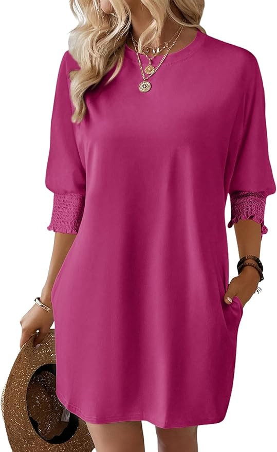 Dokotoo Womens Dresses 2025 Spring 3/4 Sleeve Fashion Dresses Crewneck Casual Mini Dress with Poc... | Amazon (US)