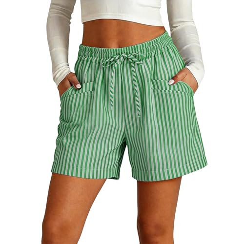 Striped Linen Shorts for Women Drawstring High Waisted Bermuda Shorts Summer Casual Loose Fit Bot... | Amazon (US)