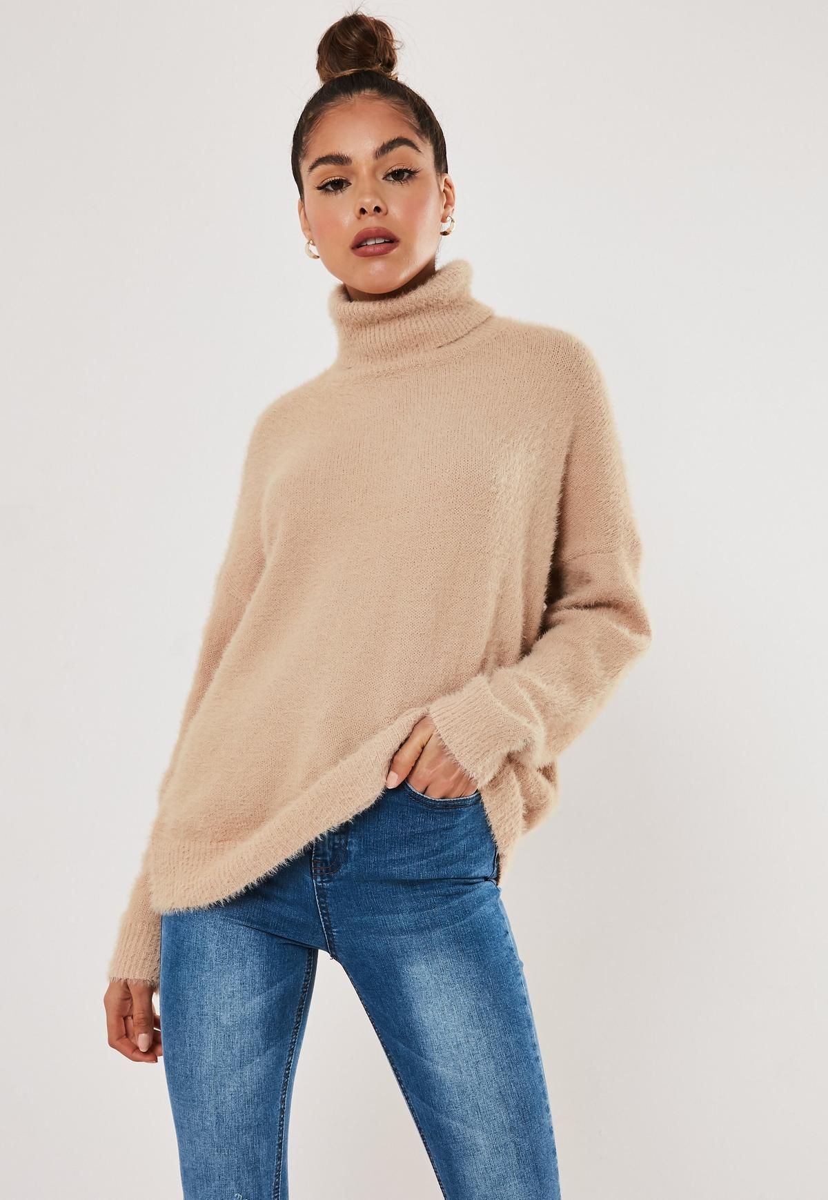 Missguided - Nude Roll Neck Balloon Sleeve Fluffy Sweater | Missguided (US & CA)