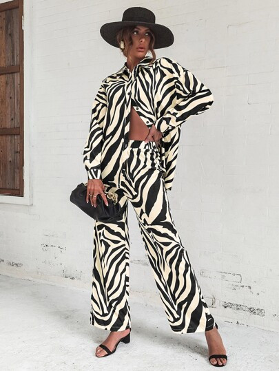 Zebra Striped Drop Shoulder Shirt & Wide Leg Pants | SHEIN