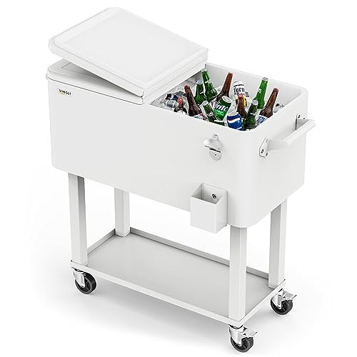 VINGLI 80 Quart Rolling Ice Chest, Portable Patio Party Bar Drink Cooler Cart, with Shelf, Beverage Pool with Bottle Opener (White) | Amazon (US)