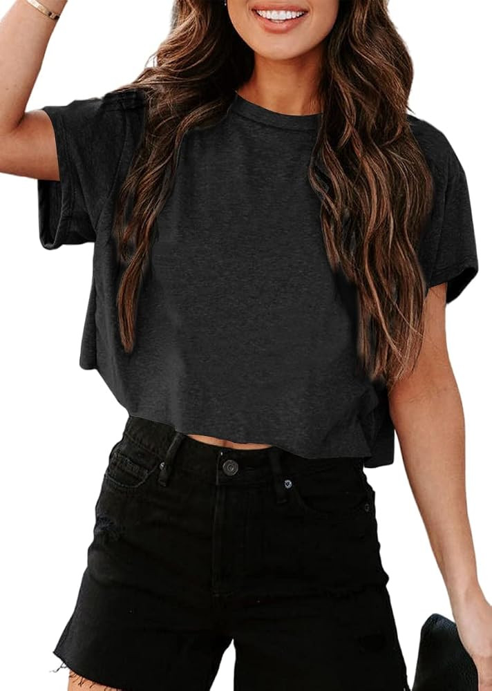 Tankaneo Women Short Sleeve Cropped T-Shirts Crew Neck Top Summer Basic Tee | Amazon (US)
