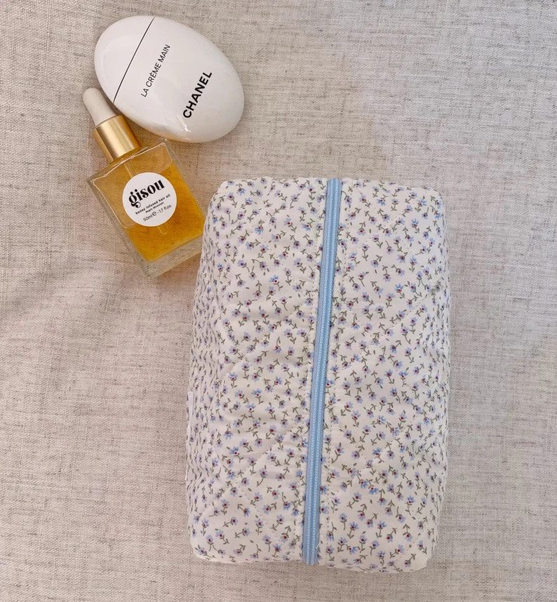 Makeup Bag Quilted Cosmetics Bag Light Blue Ditsy Floral Toiletry Travel Bag Machine Washable - E... | Etsy (US)