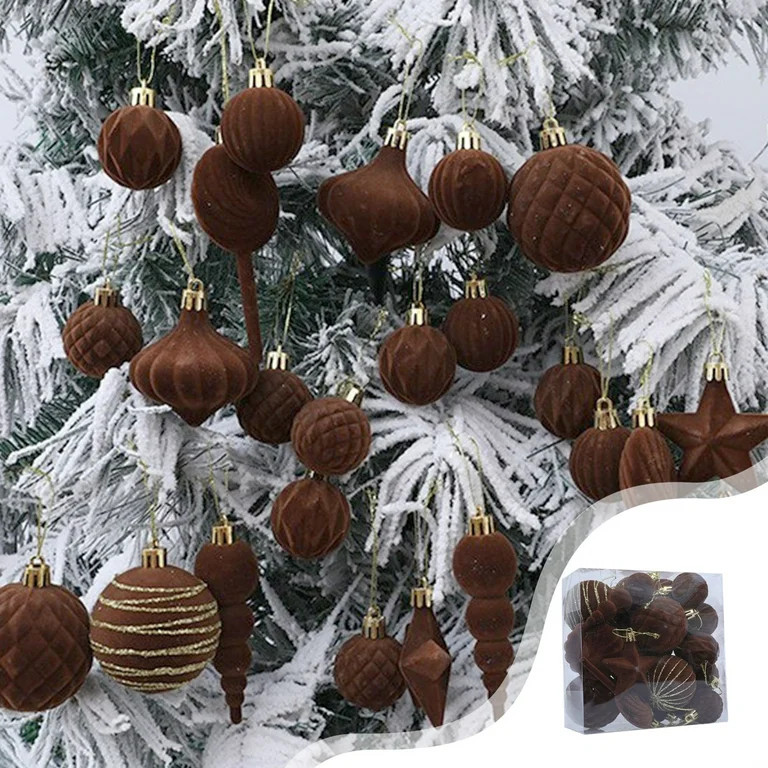 YSGFHGJW 24 Piece Flocked Christmas Ornaments Set, Brown Christmas Tree Balls, Easy Hang Holiday ... | Walmart (US)