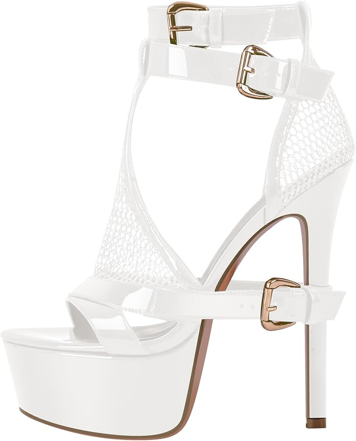 Women's High Stiletto Heels Platform Mesh Buckle Open Toe Ankle Strap Dress Shoes Sandals | Amazon (US)