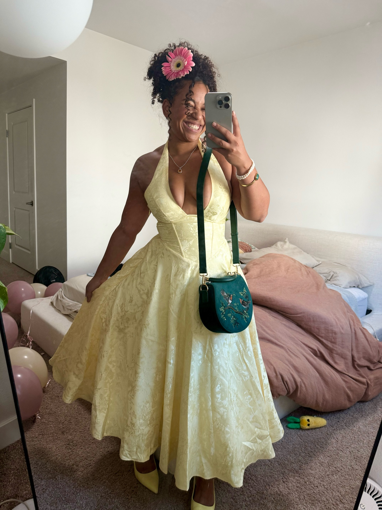 Wedding guest dress
pastel yellow dress
green floral purse

#LTKSeasonal #LTKParties #LTKHoliday