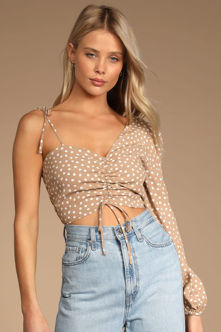 Closest Confidante Brown Dot Print One-Shoulder Puff Sleeve Top | Lulus (US)