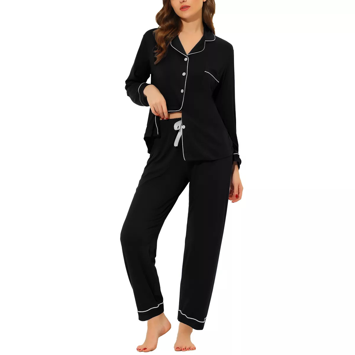 cheibear Women's Long Sleeves Pants Button Down Lounge Pajamas Set Black Medium | Target