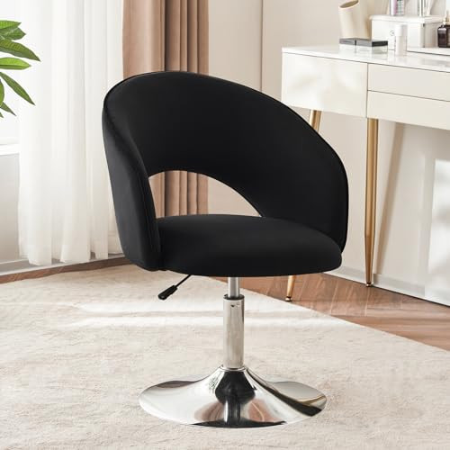 Furnimart Adjustable Black Vanity Chair with Back, Velvet Makeup Chair Swivel Accent Chair with Chrome Frame Hollow Backrest, Side Chair for Living Room, Makeup Room, Bedroom (Black) | Amazon (US)