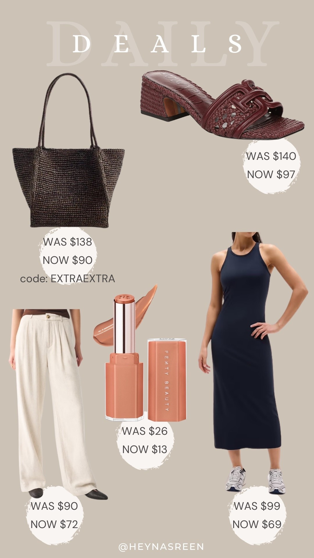Daily deals on Madewell bag, Sam Edelman heels, Athleta dress, Fenty Beauty lip gloss, Abercrombie linen pants
