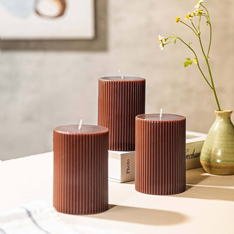 Ribbed Pillar Candles 3x4'' Unscented Modern Home Décor Handmade (3 Packs, Brown) | Amazon (US)