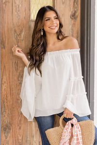 Work With It Off The Shoulder Ivory Tiered Sleeve Blouse | Pink Lily