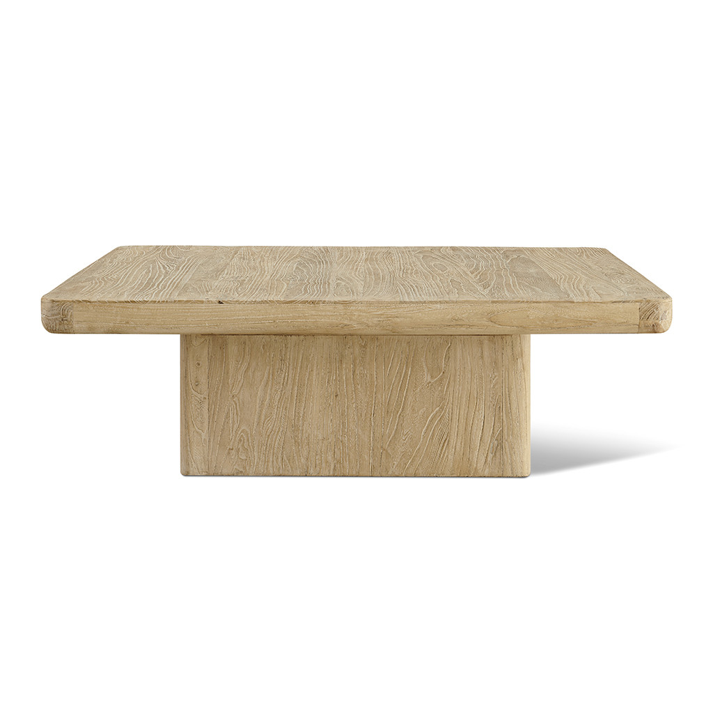 EM Wabi-Sabi Square Light Natural Reclaimed Wood Coffee Table with Square Pedestal Base | Eternity Modern