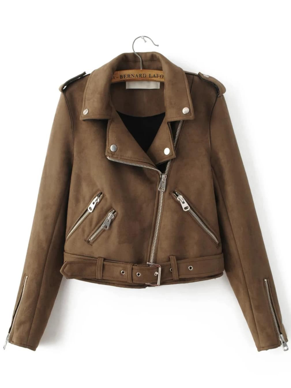 Brown Oblique Zipper Suede Jacket With Buckle | Romwe