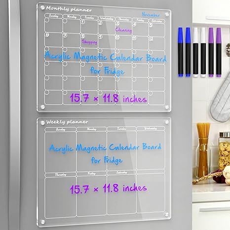NPPLUS Acrylic Magnetic Monthly and Weekly Calendar for Fridge,2 Set Clear Dry Erase Board, Reusa... | Amazon (US)