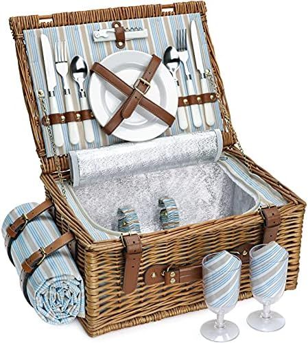 Picnic Basket Set for 2 Persons, Willow Hamper with Large Insulated Cooler Compartment, Waterproo... | Amazon (US)
