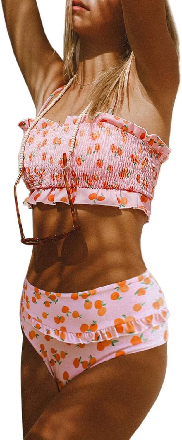 Eytino Women Printed Strapless Shirred Smocked High Cut Bandeau Two Pieces Bikini Set Swimsuit(S-... | Amazon (US)