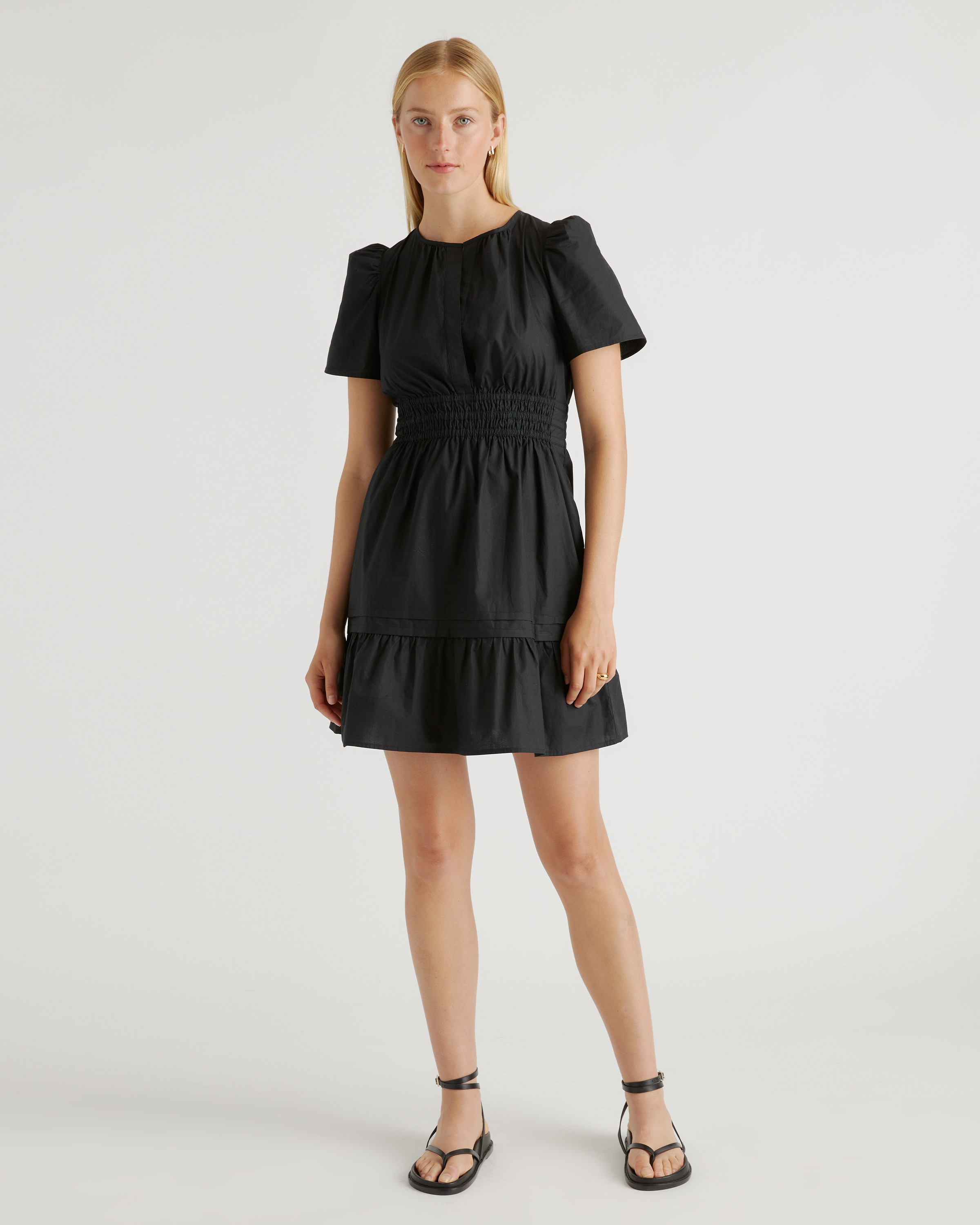 Quince Organic Cotton Poplin Tiered Mini Dress in Black