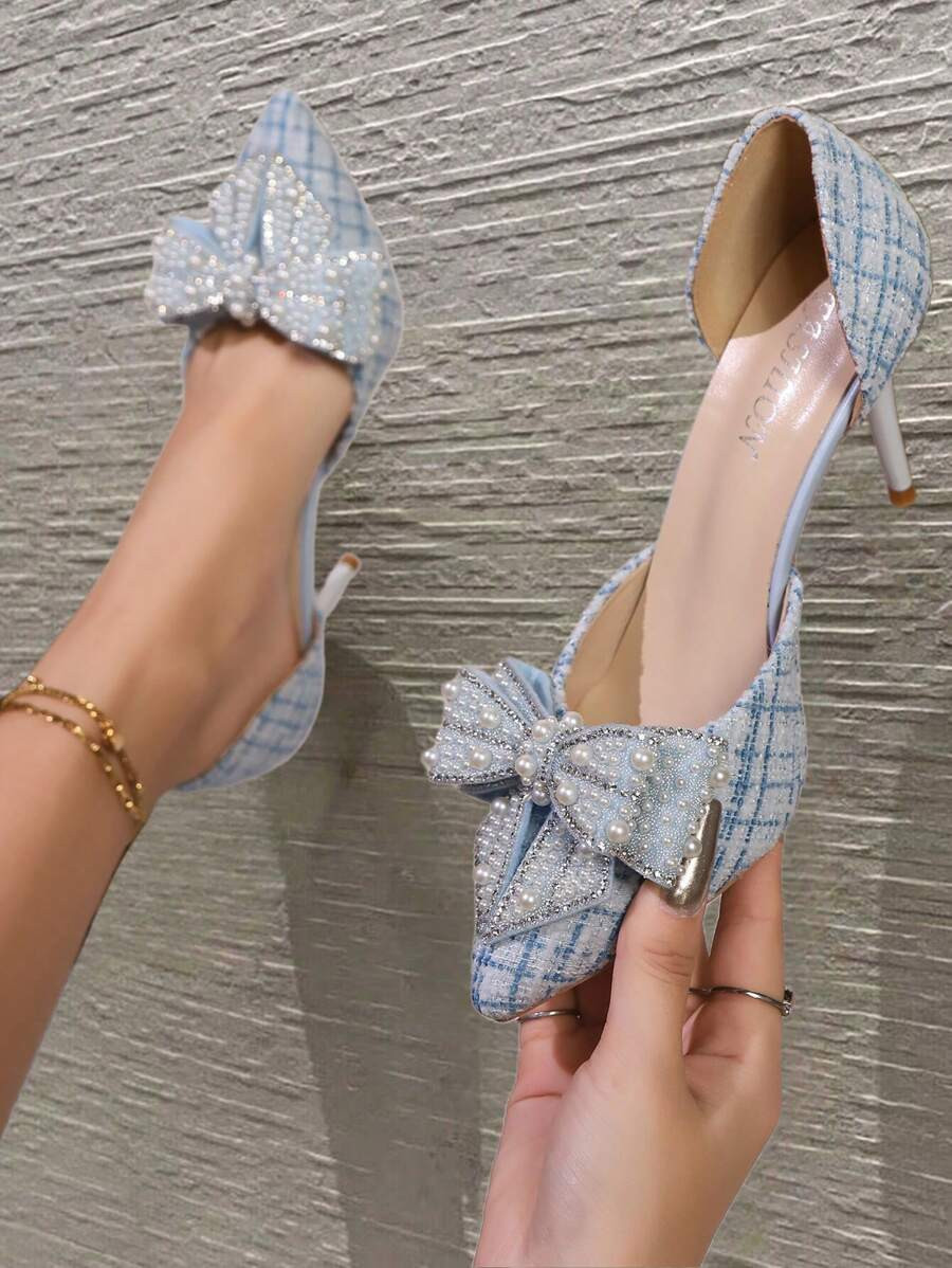 2024 Spring/Summer New Crystal Pointed Toe Stiletto High Heel Sandals With Bowknot & Transparent ... | SHEIN