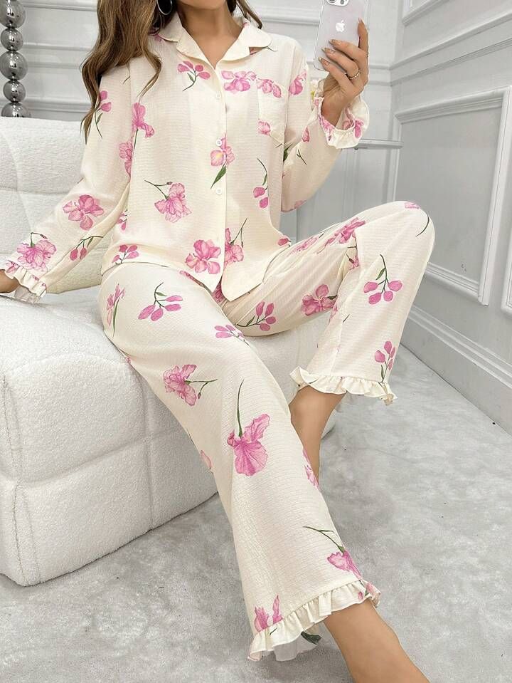 Women's Floral Print Long Sleeve Pajamas Set | SHEIN