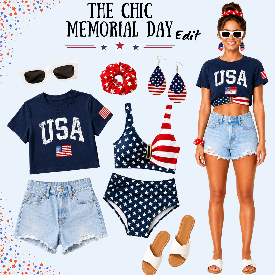 The Chic Memorial Day Edit 🇺🇸 

I did the digging for affordable Amazon finds that make a Memorial Day outfit feel festive, cute, and easy to wear without looking overdone. 

This red, white, and blue edit is perfect for Memorial Day weekend, Fourth of July, summer BBQs, lake days, beach trips, pool parties, fireworks, vacation, and casual weekend plans.

This look is built around pieces that actually make sense for summer: a navy USA cropped tee, light wash denim shorts, a patriotic bikini, white slide sandals, white sunglasses, a red scrunchie, and festive earrings. 

Wear the tee and denim shorts as an easy holiday outfit, layer the bikini underneath for beach or pool plans, or use the accessories to make basics you already own feel more styled and patriotic.

What makes this edit worth shopping is the mix-and-match factor!!

The denim shorts, white slides, sunglasses, scrunchie, and swim pieces can be worn again for summer travel, beach vacations, lake weekends, pool days, casual errands, amusement parks, concerts, and everyday warm-weather outfits — so it does not feel like a one-time holiday purchase.

Perfect if you need a last-minute Memorial Day outfit, Fourth of July outfit, patriotic summer outfit, red white and blue outfit, USA shirt outfit, denim shorts outfit, beach outfit, pool day look, lake day outfit, BBQ outfit, Amazon summer fashion finds, affordable holiday outfit, or cute Amazon finds that ship fast.

📌 SAVE THIS: now so you can come back when you’re building your holiday weekend outfit.

↓ Everything is linked!

#LTKActive #LTKSaleAlert #LTKTravel
