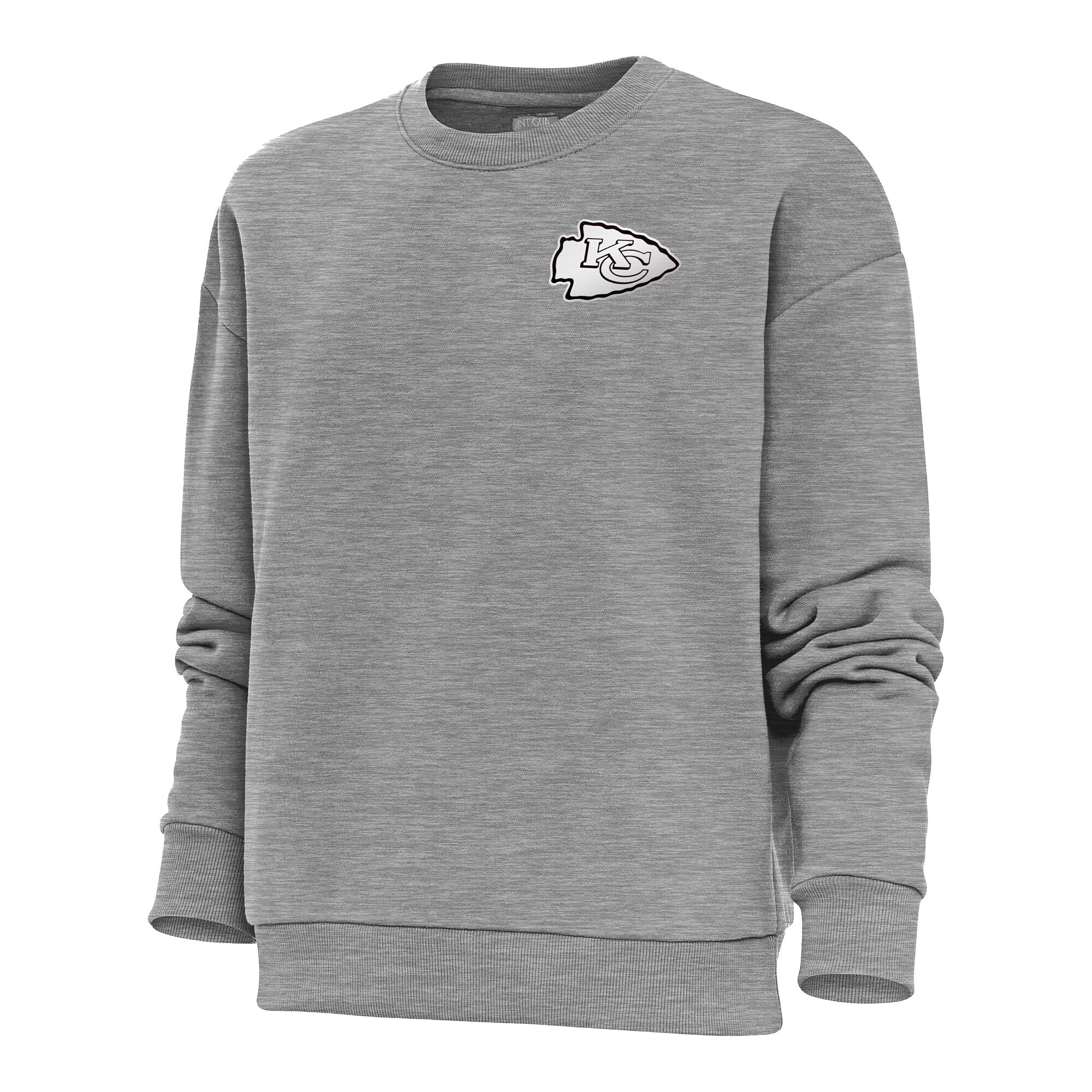 Women's Kansas City Chiefs Antigua Heather Gray Metallic Logo Victory Crewneck Pullover Sweatshir... | NFL Shop