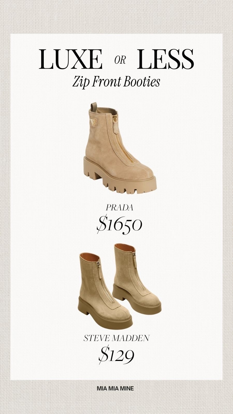 Save or splurge zip up suede booties 
Prada lug sole boots
Steve Madden zip up suede boots

#LTKOver40 #LTKSeasonal #LTKmomlife