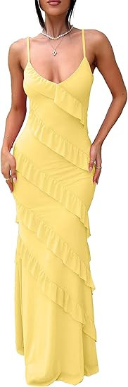HOCILLE Women's Sexy V Neck Backless Bodycon Spaghetti Strap Elegant Ruffle Maxi Cocktail Party D... | Amazon (US)