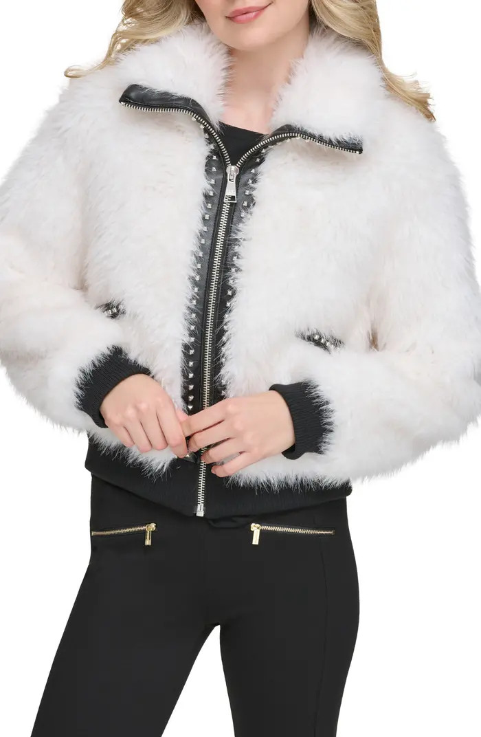 KARL LAGERFELD PARIS Shaggy Studded Faux Fur Bomber Jacket | Nordstromrack | Nordstrom Rack