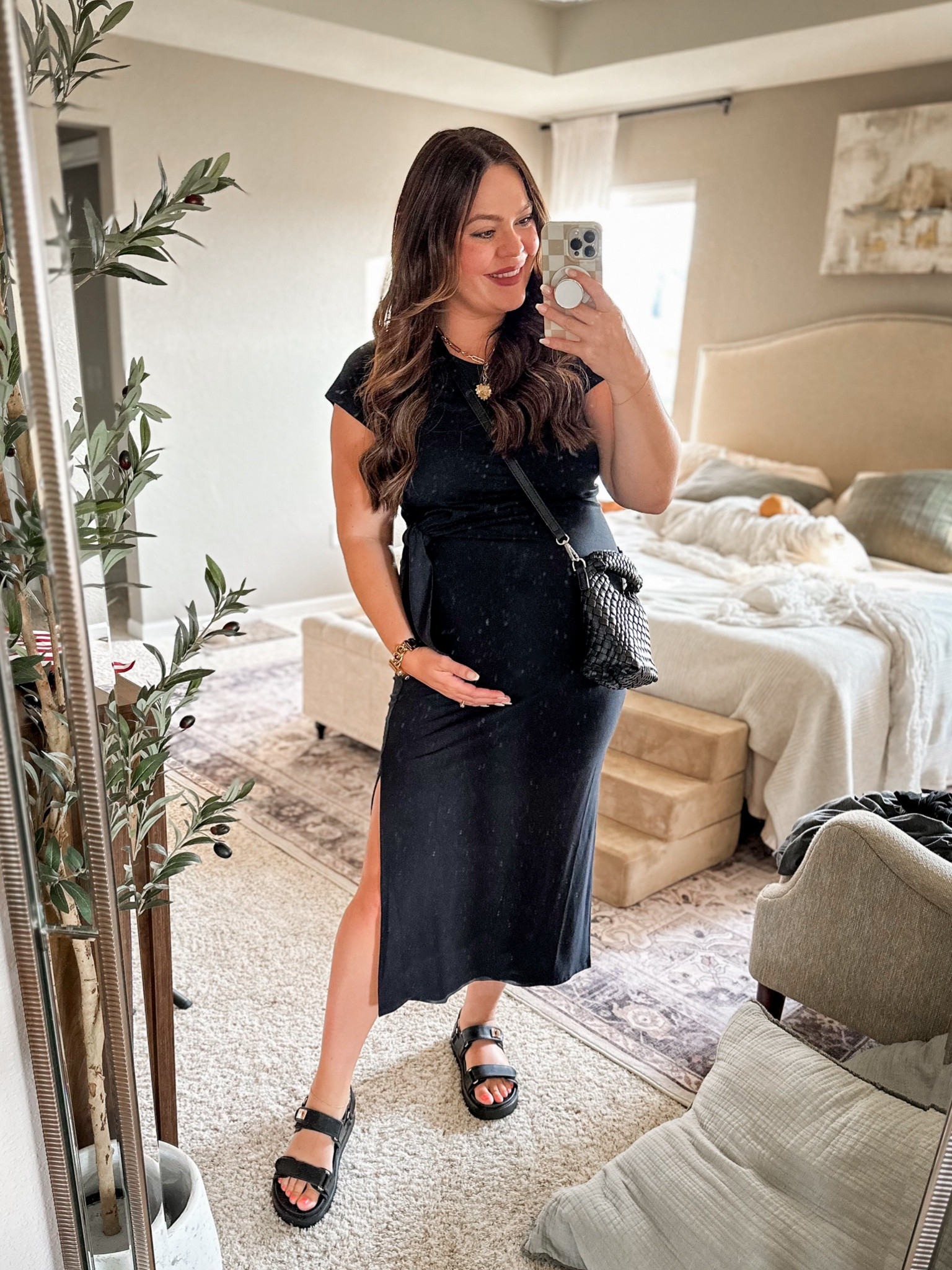 Bump friendly side tie dress - soo stretchy and comfy with side slit in true size large / 35 weeks pregnant date night outfit / the only shoes that fit my swollen feet too🤣 

#LTKBump #LTKStyleTip #LTKMidsize