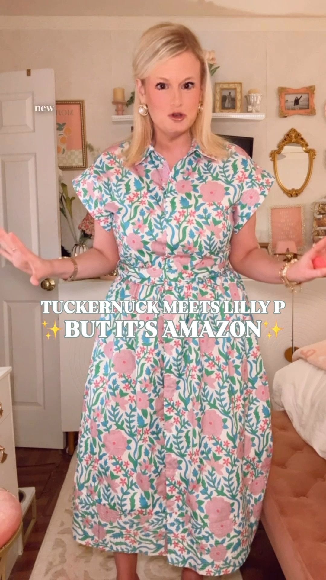 Tuckernuck Chloe look for less | Lilly Pulitzer inspired dress | Amazon summer dress | wedding guest dress | vacation dress

Restock alert: this Amazon dress is finally back in this print, and it just dropped in two new prints too.

It gives the $298 Tuckernuck Chloe Dress silhouette with full Lilly Pulitzer print energy: shirt dress collar, button front, belted waist, full midi skirt, pockets, and that polished summer dress shape that looks expensive the second you put it on.

The pink florals, blue botanical detail, green stems, and white ground give it that bright Lilly P / Palm Beach summer look. It is 100% cotton with floral print on the sleeves, placket, and hemline. 

I sized up to a large for the bust. If you need extra room through the chest, I would size up.

This is the dress you buy before the next invite hits: summer weddings, bridal showers, baby showers, vacation dinners, resort lunches, church, garden parties, family photos, beach town shopping, graduation parties, date nights, and warm-weather events. 

If you love Tuckernuck dresses, Tuckernuck Chloe style, Lilly Pulitzer inspired dresses, floral midi dresses, cotton shirt dresses, pink and green dresses, Amazon summer dresses, wedding guest dresses, vacation outfits, Palm Beach style, and designer looks for less, grab this restock before the best prints disappear again.

Tuckernuck Chloe look for less, Tuckernuck Chloe dupe, Tuckernuck inspired dress, Lilly Pulitzer look for less, Lilly Pulitzer inspired dress, Amazon summer dress, Amazon dress find, floral midi dress, cotton midi dress, 100 cotton dress, belted midi dress, shirt dress, button down midi dress, wedding guest dress, summer wedding guest dress, vacation dress, Palm Beach style, pink floral dress, pink and green dress, botanical print dress, designer look for less

#LTKFindsUnder50 #LillyPulitzer #Tuckernuck #PreppyStyle #LookForLess #WeddingGuestDress #SummerDress

#LTKootd #LTKWedding #LTKSeasonal