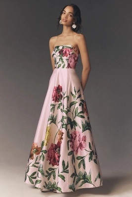 BHLDN Kira Strapless Printed Satin A-Line Maxi Dress | Anthropologie (US)