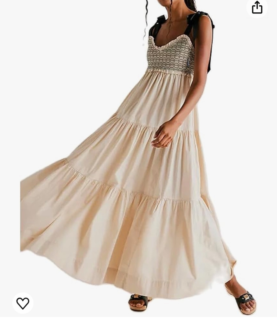 Women Boho Tie Shoulder Dress Y2k Floral Smocked Long Flowy Dresses Cute Summer Beach Spaghetti Strap Maxi Sundress