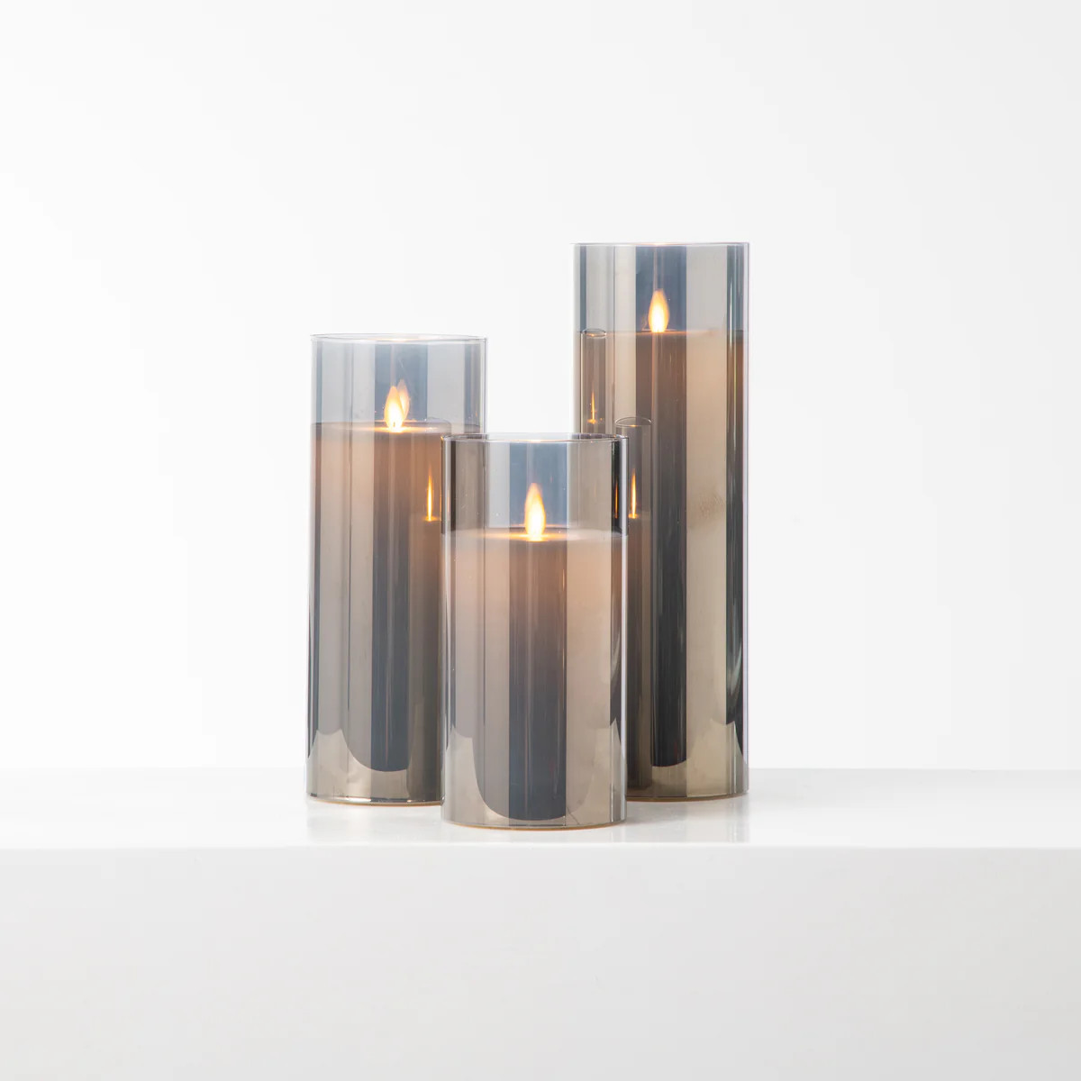 Large Wide Base Moving Flameless LED Smokey Glass Pillar Candles with Remote - Set of 3 | Darby Creek Trading