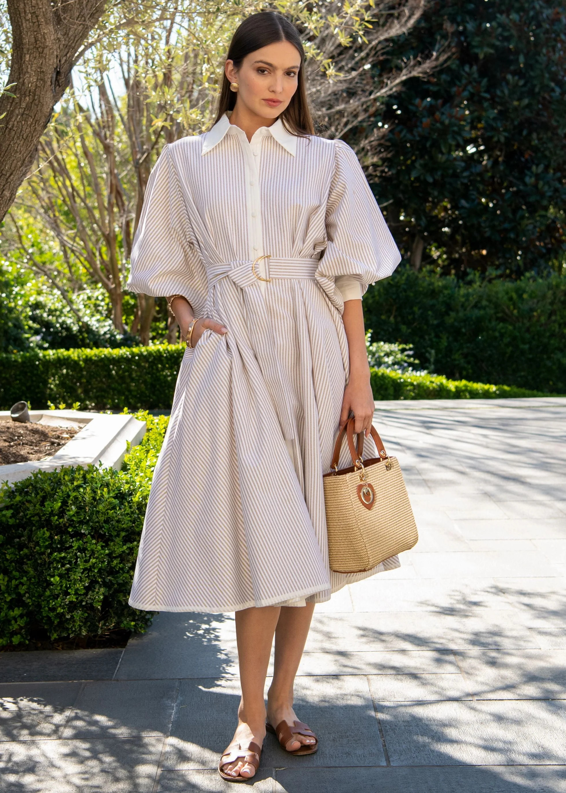 Sheridan Striped Button Up Long Sleeve Midi Dress | Benaar La