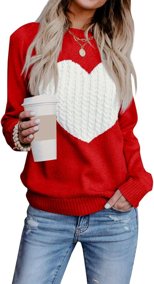 Heart Sweater for Women Valentines Day Gifts for Her Red Sweaters Crewneck Long Sleeve Lightweigh... | Amazon (US)