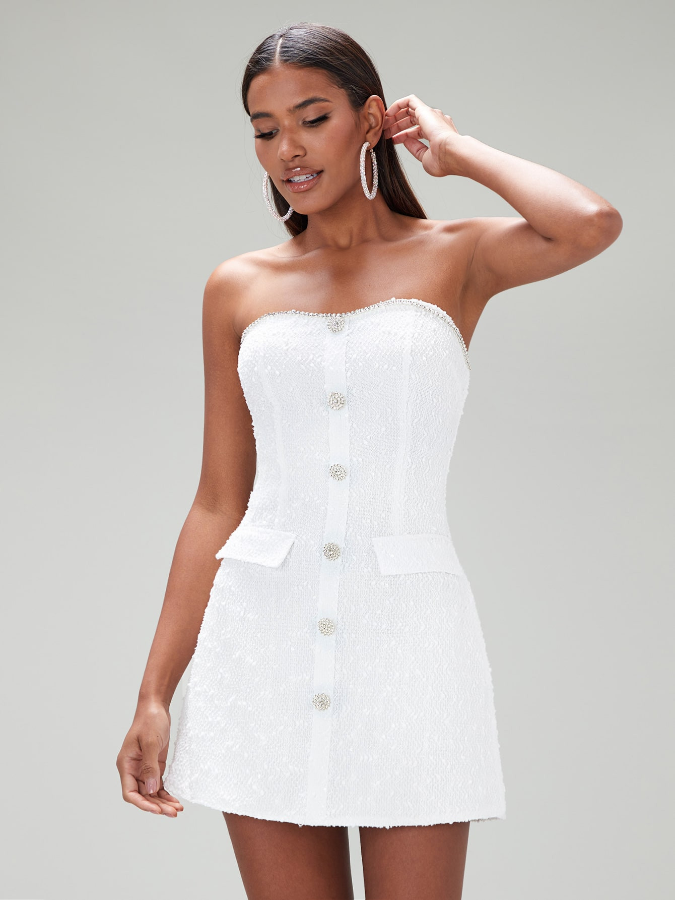 SHEIN BAE Button Front Tweed Tube Dress | SHEIN