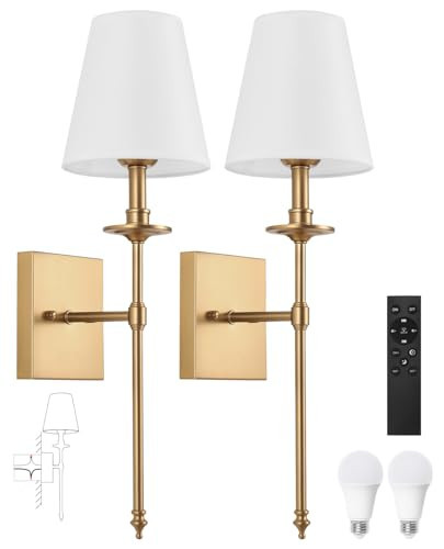 Wall Sconces Set of Two with Remote,Dimming 10-100% & Adjustable Colors 2700-6500K,Hardwired Wall Lamps White Fabric Shades,Wall Mounted Lamp with Night Light & Timer,Antique Brass,NOT Battery Powered | Amazon (US)