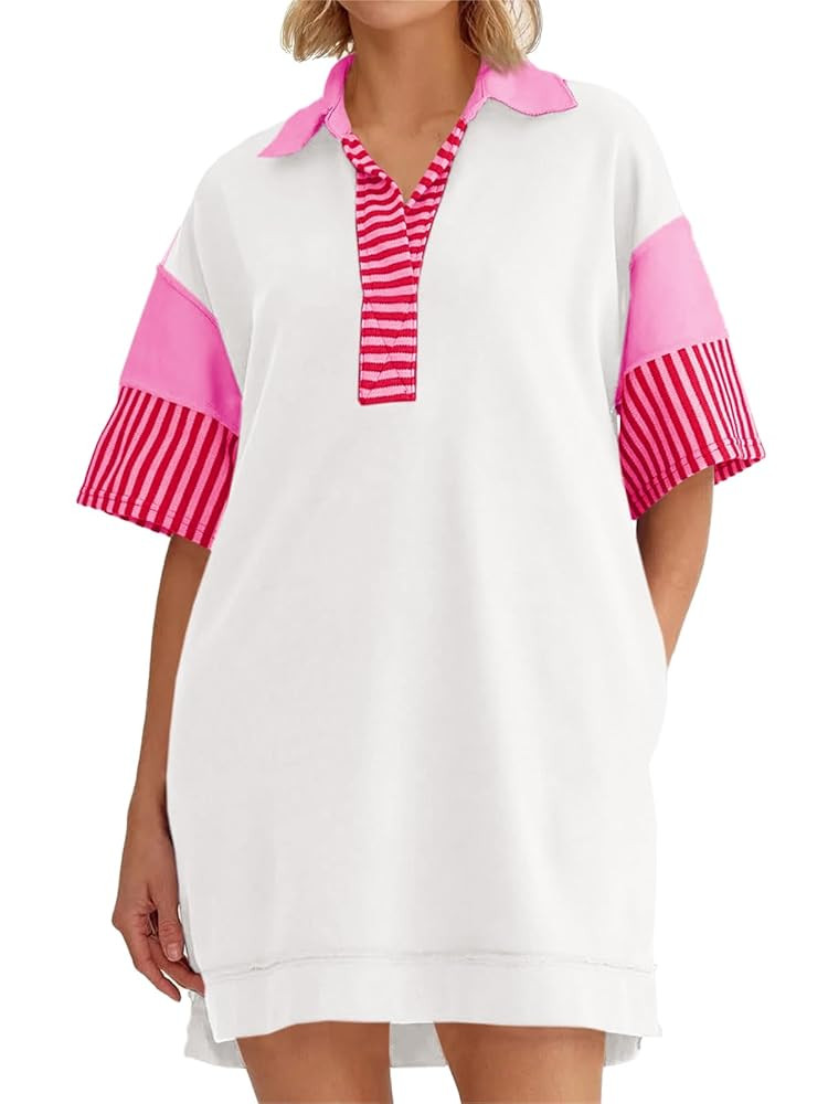 Wenrine Women's Polo V Neck T Shirt Dress Casual Summer Oversized Color Block Short Sleeve Sweats... | Amazon (US)