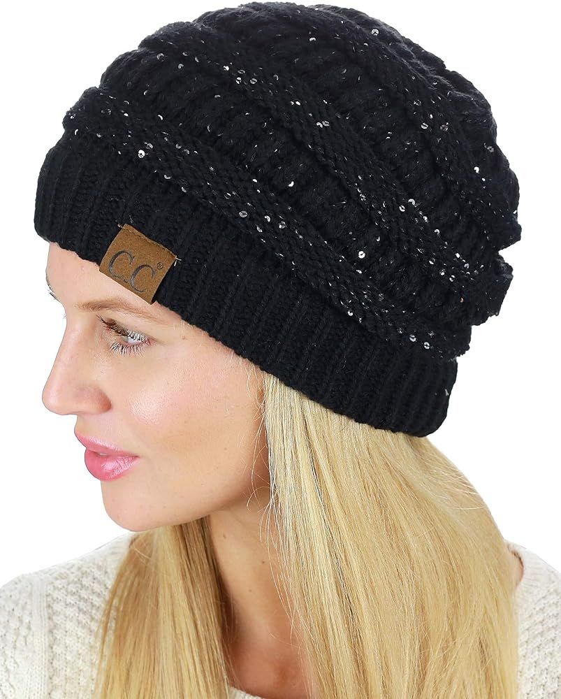 Women's Sparkly Sequins Warm Soft Stretch Cable Knit Beanie Hat | Amazon (US)