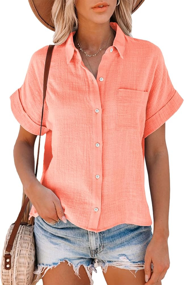 Womens Short Sleeve Cotton Button Down Up Shirt Collared V Neck Tops Shirts Blouses Dress for Wom... | Amazon (US)