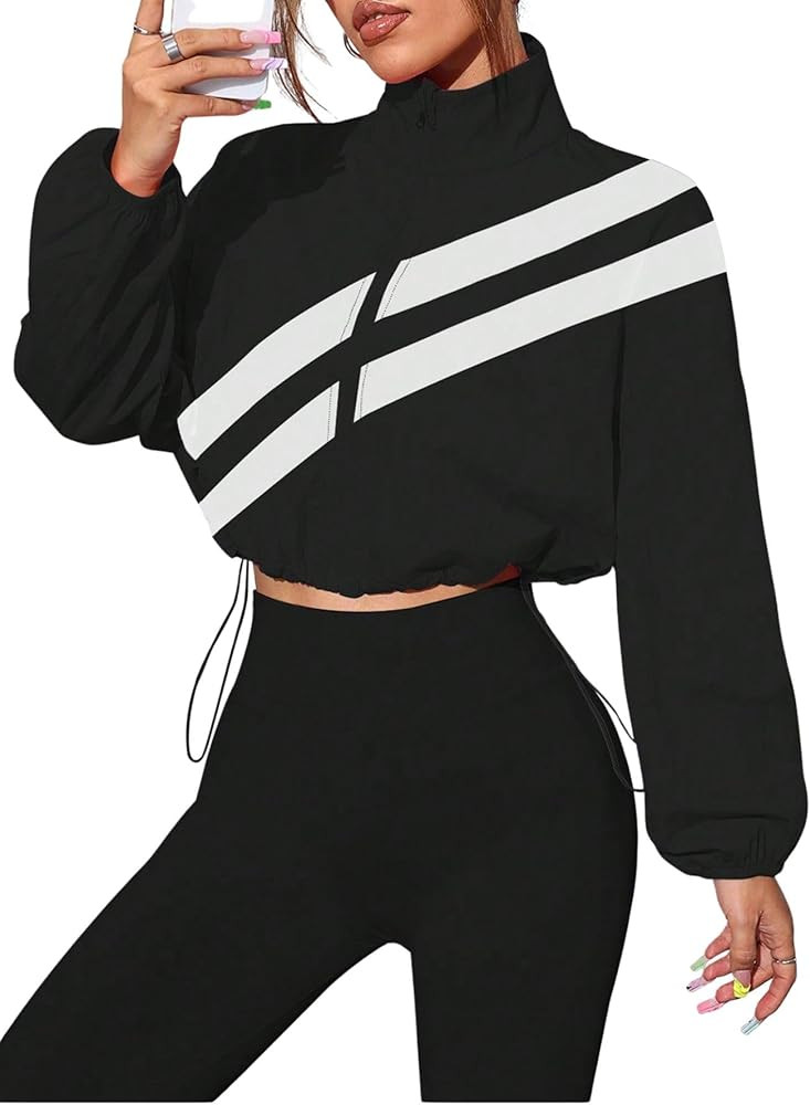Verdusa Women's Windbreaker Cropped Jackets Color Block Zip Up Lightweight Athletic Outerwear Coa... | Amazon (US)
