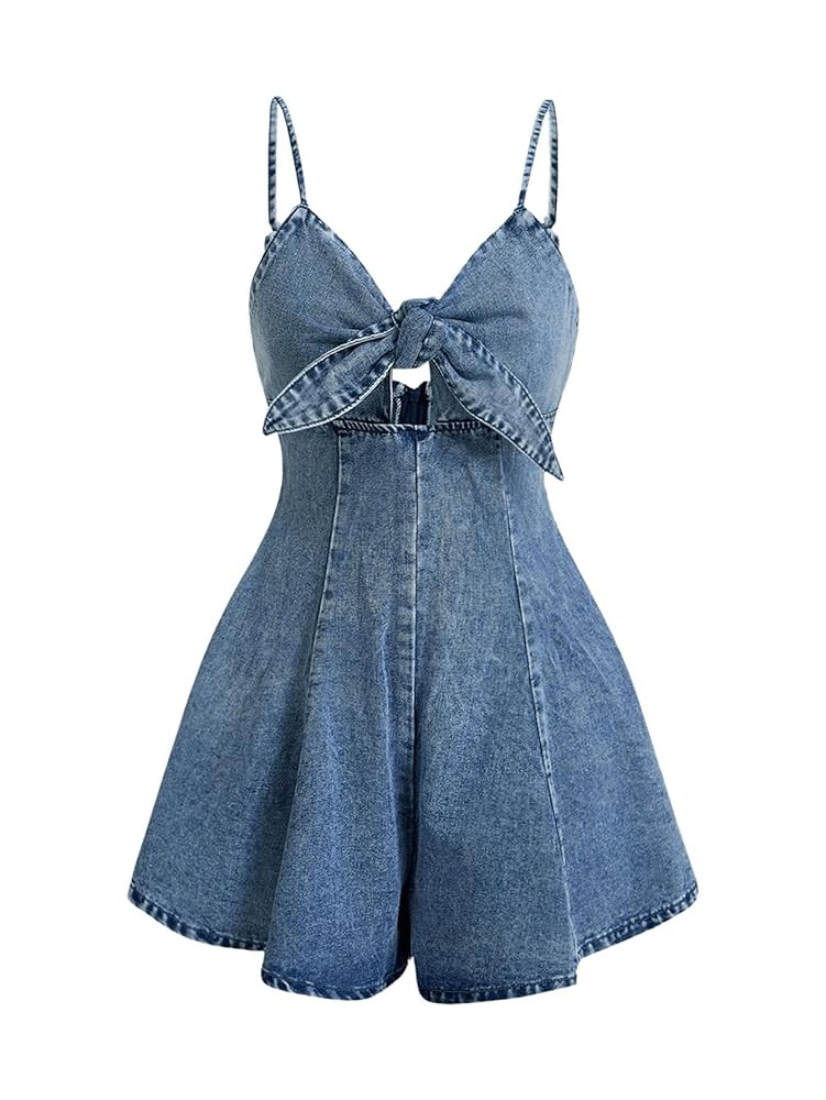 OYOANGLE Women's Vintage Bowknot Spaghetti Strap Denim Romper Sleeveless Wide Leg Jean Short Jump... | Amazon (US)