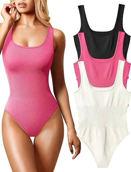 OQQ Women's 3 Piece Bodysuits Sexy Ribbed Sleeveless Square Neck Sleeveless Tank Tops Bodysuits | Amazon (US)