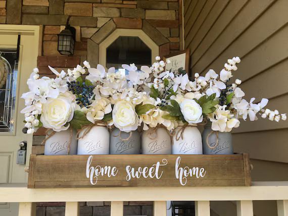 mason jar centerpiece, grey mason jar decor, rustic  centerpiece, spring centerpiece, farmhouse d... | Etsy (US)