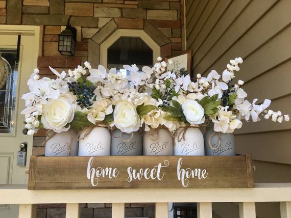 mason jar centerpiece, grey mason jar decor, rustic  centerpiece, spring centerpiece, farmhouse d... | Etsy (US)