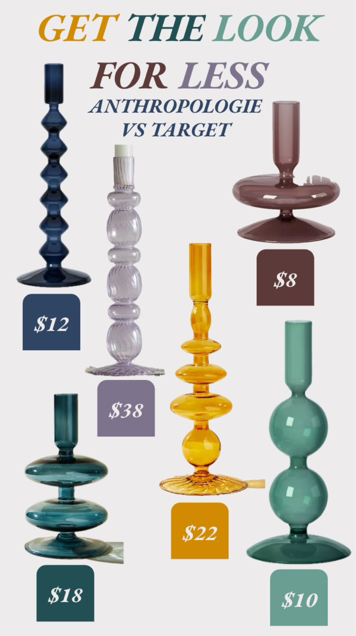 Get the Look for Less! These Target candlesticks look just like the Anthropologie candlesticks, but for less than half the cost! 
…………..
glass candlesticks mid century modern decor Anthropologie dupe Anthro dupe target finds target home decor target new arrivals fall home decor fall candles fall entry decor fall foyer decor fall decorations colorful decor colorful candlesticks home decor finds home decor under $10 bookshelf decor mantel decor coffee table decor home decor dupe pottery barn dupe cb2 dupe 

#LTKHome #LTKStyleTip #LTKFindsUnder50