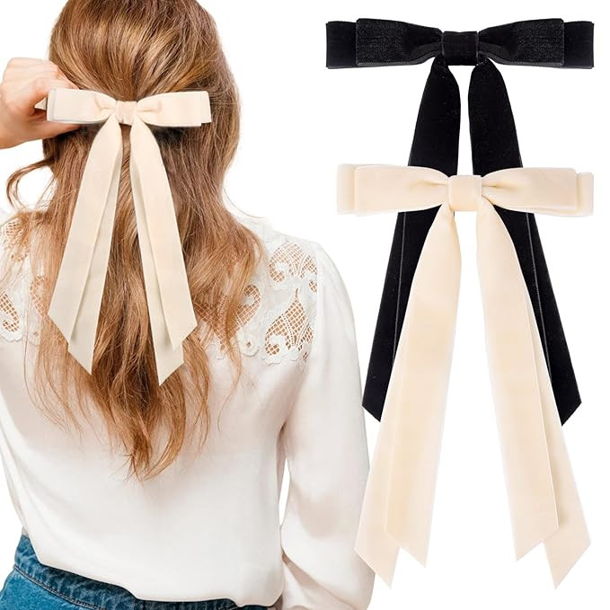 2PCS Velvet Hair Bows Ribbon Hair Clip Black Beige Accessories Ponytail Holder Accessories Slides... | Amazon (US)